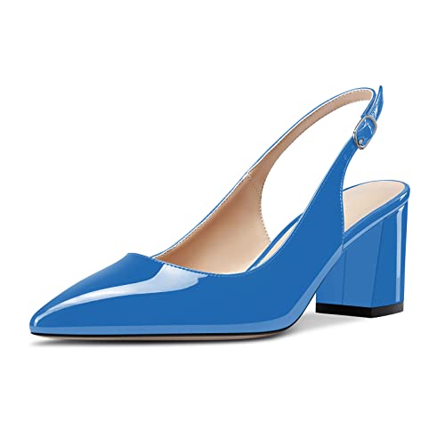 Castamere Damen Mittlerem Chunky Blockabsatz Absatz Heel Spitze Zehenkappe Slingback Pumps Slip-on Cute Dress Knöchelriemen Sandalen 6.5 cm Heels Blau Lackleder 40 EU von Castamere