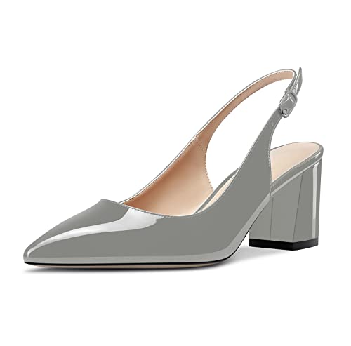 Castamere Damen Mittlerem Chunky Blockabsatz Absatz Heel Spitze Zehenkappe Slingback Pumps Slip-on Cute Dress Knöchelriemen Sandalen 6.5 cm Heels Grau Lackleder 36 EU von Castamere
