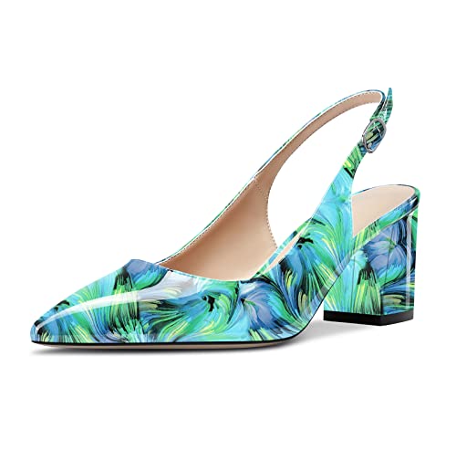 Castamere Damen Mittlerem Chunky Blockabsatz Absatz Heel Spitze Zehenkappe Slingback Pumps Slip-on Cute Dress Knöchelriemen Sandalen 6.5 cm Heels Grün Mehrfarbig 38 EU von Castamere