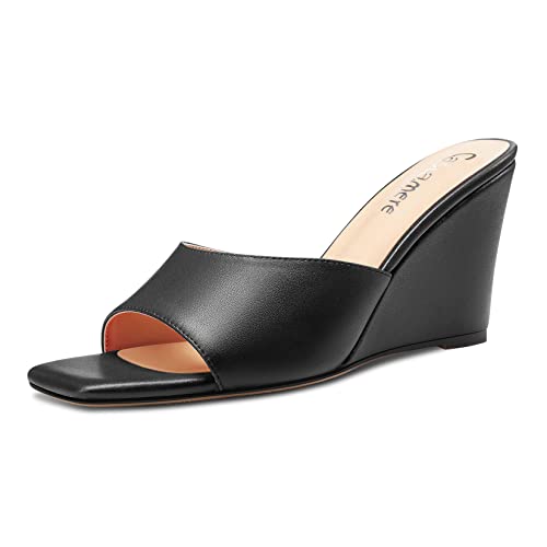 Castamere Damen Mittlerem Keilabsatz Absatz Heel Open Zehenkappe Slip-on Pantoletten Schuhe Sandalen Lässig Party 8 CM Heels Schwarz 44 EU von Castamere