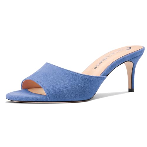 Castamere Damen Mittlerem Kitten Absatz Heel Peep Open Runde Zehenkappe Sandalen Slip-on Dress Pantoletten Schuhe Büroschuhe Sommer Schuhe 6.5 CM Heels Denim Blau 41 EU von Castamere