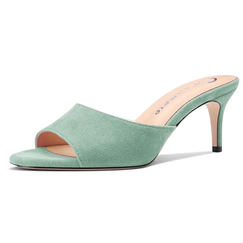 Castamere Damen Mittlerem Kitten Absatz Heel Peep Open Runde Zehenkappe Sandalen Slip-on Dress Pantoletten Schuhe Büroschuhe Sommer Schuhe 6.5 CM Heels Hellgrün 37 EU von Castamere