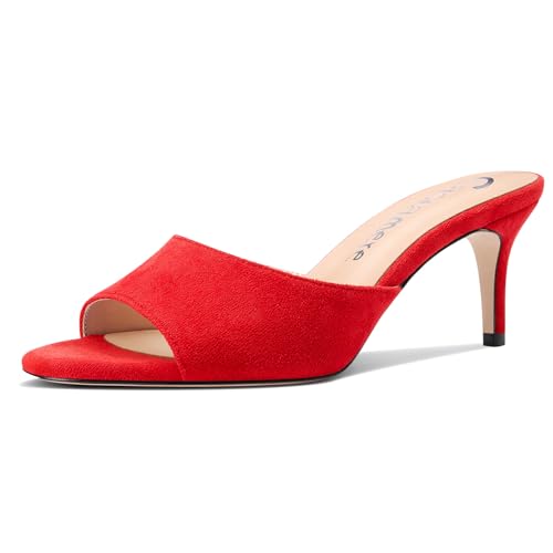 Castamere Damen Mittlerem Kitten Absatz Heel Peep Open Runde Zehenkappe Sandalen Slip-on Dress Pantoletten Schuhe Büroschuhe Sommer Schuhe 6.5 CM Heels Rot 44 EU von Castamere