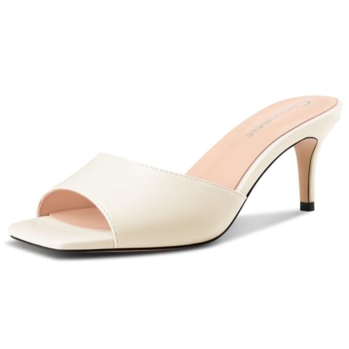 Castamere Damen Mittlerem Kitten Absatz Heel Slip-on Pantoletten Schuhe Open Eckige Zehenkappe Sandalen Lässig Party Dress Schuhe 6.5 CM Heels Beige 39 EU von Castamere