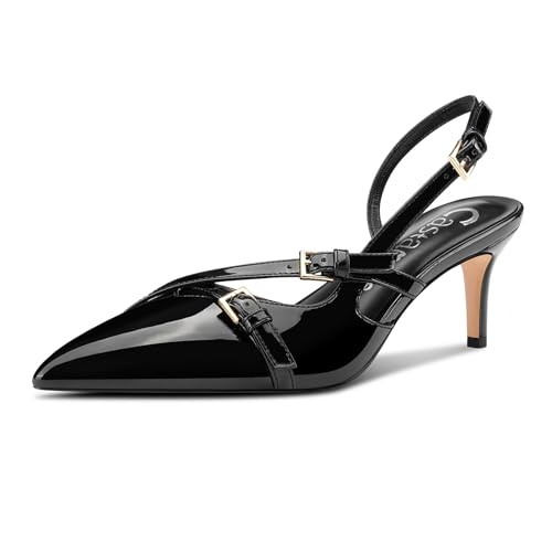 Castamere Damen Mittlerem Kitten Absatz Heel Spitze Zehenkappe Sandalen Pumps Slingback Schnalle Abschlussball Dress Sommer 6.5 CM Heels Schwarz 36 EU von Castamere