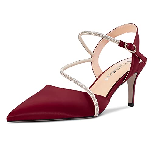 Castamere Damen Mittlerem Stiletto Absatz Heel Spitze Zehenkappe Knöchelriemen Sandalen Diamant Kristall 6.5 CM Heels Burgund Rot Satin 37 EU von Castamere