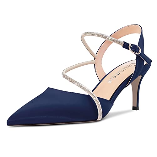 Castamere Damen Mittlerem Stiletto Absatz Heel Spitze Zehenkappe Knöchelriemen Sandalen Diamant Kristall 6.5 CM Heels Navy Blau Satin 39 EU von Castamere