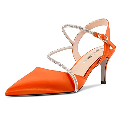 Castamere Damen Mittlerem Stiletto Absatz Heel Spitze Zehenkappe Knöchelriemen Sandalen Diamant Kristall 6.5 CM Heels Orange Satin 40 EU von Castamere