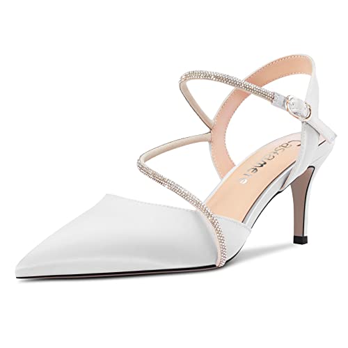 Castamere Damen Mittlerem Stiletto Absatz Heel Spitze Zehenkappe Knöchelriemen Sandalen Diamant Kristall 6.5 CM Heels Weiß Satin 39 EU von Castamere