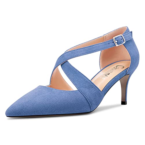 Castamere Damen Mittlerem Stiletto Absatz Heel Spitze Zehenkappe Pumps Kreuzriemen Sexy Klassisch 6.5 cm Heels Blau Wildleder 42 EU von Castamere