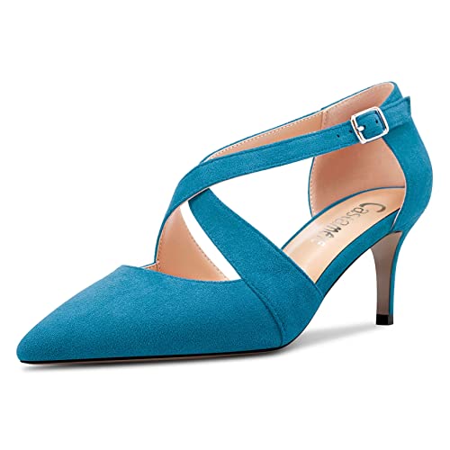 Castamere Damen Mittlerem Stiletto Absatz Heel Spitze Zehenkappe Pumps Kreuzriemen Sexy Klassisch 6.5 cm Heels Blau Wildleder A 42 EU von Castamere