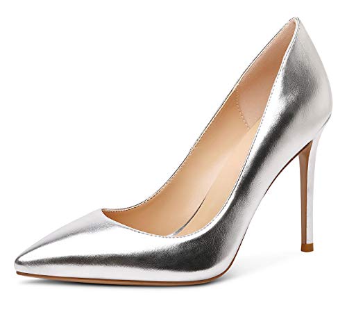 Castamere Damen Mode High Heels Spitzen Zehen Stilettos Slip-On Pumps 10CM Silber Pu Schuhe EU 38 von Castamere