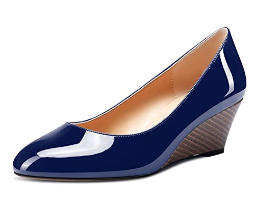 Castamere Damen Mode Keilabsatz High Heels Mittel Heel Pumps Blau Navy Lackleder Schuhe EU 40 von Castamere