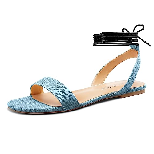 Castamere Damen Niedrige Absatz Heel Open Zehenkappe Knöchelriemen Schnüren Schnürung Flache Schuhe Sandalen Lässig Denim Sommer 1 CM Heels Denim Blau 43 EU von Castamere