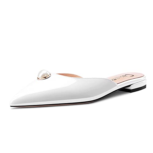 Castamere Damen Niedrige Absatz Heel Spitze Zehenkappe Slip-on Flache Schuhe Diamant Kristall Cute 1 CM Heels Weiß 42 EU von Castamere