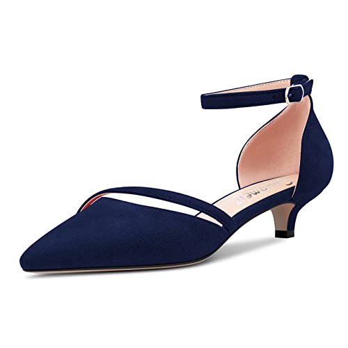 Castamere Damen Niedrige Kitten Absatz Heel Geschlossene Spitze Pumps Knöchelriemen Two-Piece Schnalle Hochzeit Party Sexy Dress Schuhe 3.5 cm Heels Navy Blau 41 EU von Castamere