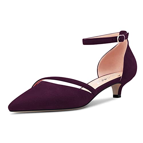 Castamere Damen Niedrige Kitten Absatz Heel Geschlossene Spitze Pumps Knöchelriemen Two-Piece Schnalle Hochzeit Party Sexy Dress Schuhe 3.5 cm Heels Violett A 43 EU von Castamere