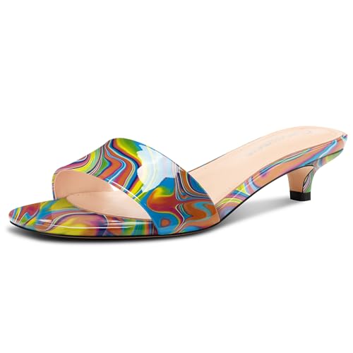 Castamere Damen Niedrige Kitten Absatz Heel Peep Open Zehenkappe Pantoletten Schuhe Lässig Dress Abschlussball Sandalen 3.5 CM Heels Buntes Graffiti 40 EU von Castamere