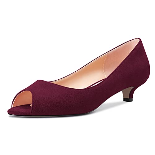 Castamere Damen Niedrige Kitten Absatz Heel Peep Open Zehenkappe Sandalen Slip-on Hochzeit Dress 3.5 CM Heels Burgund Rot Wildleder 39 EU von Castamere