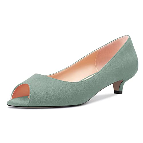 Castamere Damen Niedrige Kitten Absatz Heel Peep Open Zehenkappe Sandalen Slip-on Hochzeit Dress 3.5 CM Heels Hellgrün Wildleder 39 EU von Castamere