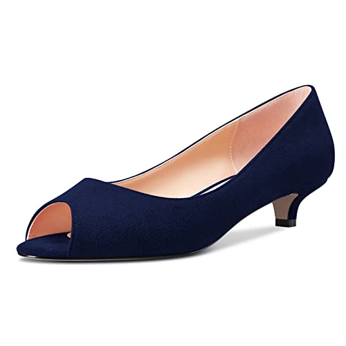 Castamere Damen Niedrige Kitten Absatz Heel Peep Open Zehenkappe Sandalen Slip-on Hochzeit Dress 3.5 CM Heels Navy Blau Wildleder 40 EU von Castamere