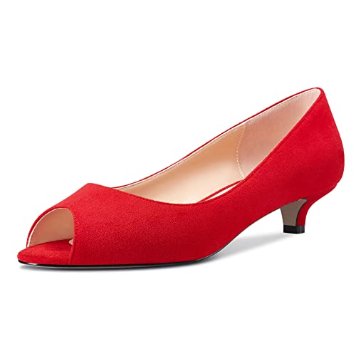 Castamere Damen Niedrige Kitten Absatz Heel Peep Open Zehenkappe Sandalen Slip-on Hochzeit Dress 3.5 CM Heels Rot Wildleder 39 EU von Castamere