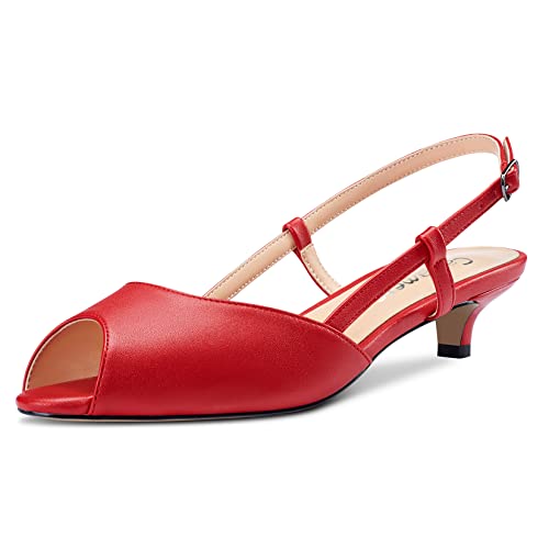 Castamere Damen Niedrige Kitten Absatz Heel Peep Open Zehenkappe Slip-on Slingback Sandalen Lässig Dress 3 CM Heels Rot 39 EU von Castamere