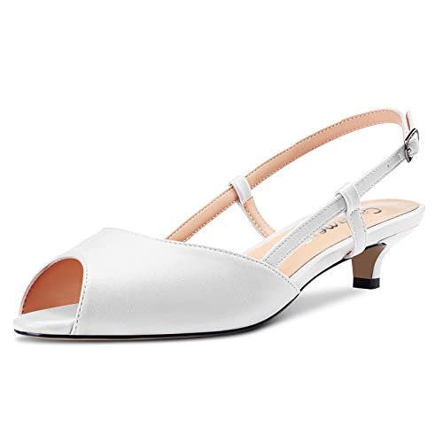 Castamere Damen Niedrige Kitten Absatz Heel Peep Open Zehenkappe Slip-on Slingback Sandalen Lässig Dress 3 CM Heels Weiß 39 EU von Castamere