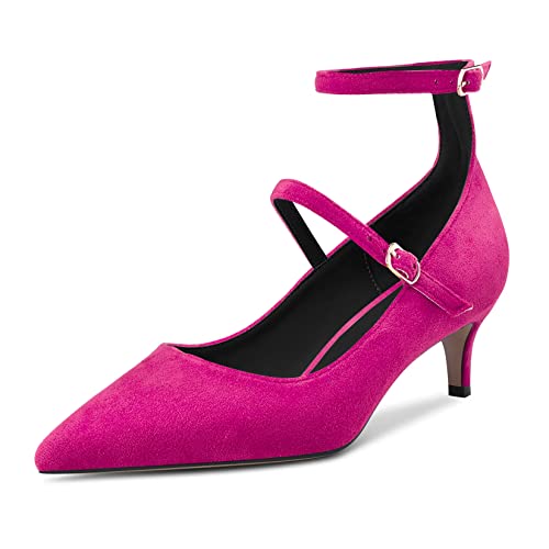 Castamere Damen Niedrige Kitten Absatz Heel Spitze Zehenkappe Knöchelriemen Pumps Hochzeit Dress 5 cm Heels Magenta Rot Wildleder A 39 EU von Castamere