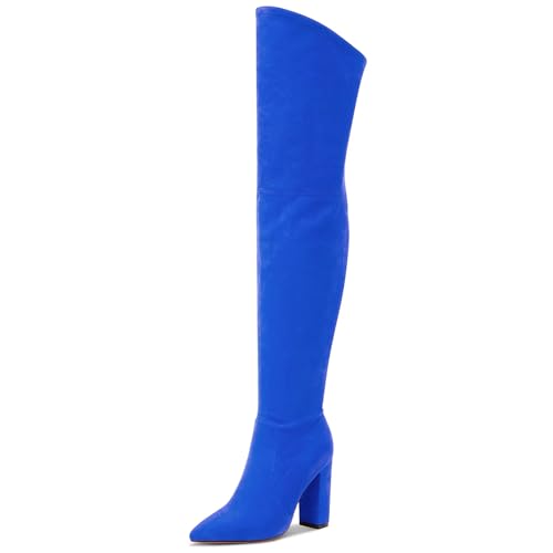 Castamere Damen Overknee Stiefel Langschaft Blockabsatz Boots 10CM Hoch Heel Blau Samt Schuhe EU 38.5 von Castamere