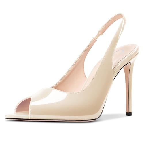 Castamere Damen Peep Open Spitze Zehenkappe Hoher High Stiletto Absatz Heel Slingback Pumps Slip-on Lässig Dress Sandalen 10 CM Heels Hautfarben 38 EU von Castamere