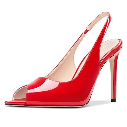 Castamere Damen Peep Open Spitze Zehenkappe Hoher High Stiletto Absatz Heel Slingback Pumps Slip-on Lässig Dress Sandalen 10 CM Heels Rot 41 EU von Castamere
