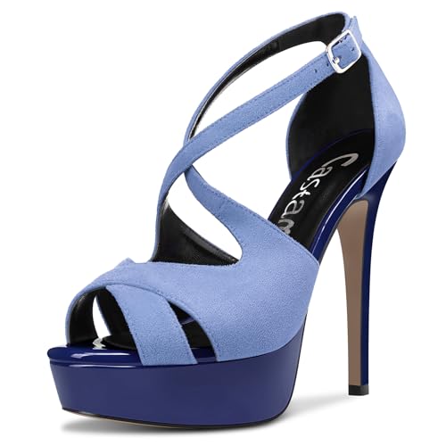 Castamere Damen Peep Open Zehenkappe Stiletto Hoher High Plateau Plattform Absatz Heel Knöchelriemen Sandalen Dress Schnalle Schuhe 13 CM Heels Blau 45 EU von Castamere