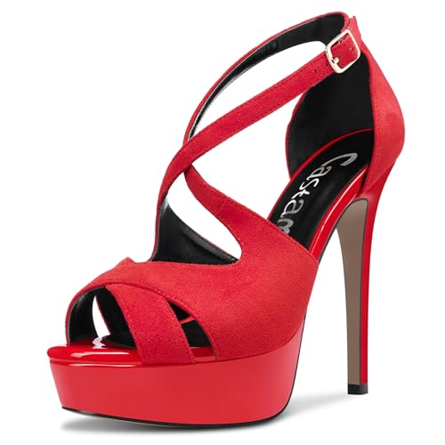 Castamere Damen Peep Open Zehenkappe Stiletto Hoher High Plateau Plattform Absatz Heel Knöchelriemen Sandalen Dress Schnalle Schuhe 13 CM Heels Rot 41 EU von Castamere