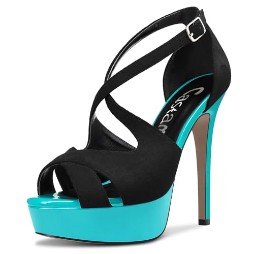 Castamere Damen Peep Open Zehenkappe Stiletto Hoher High Plateau Plattform Absatz Heel Knöchelriemen Sandalen Dress Schnalle Schuhe 13 CM Heels Schwarz Mehrfarbig 36 EU von Castamere