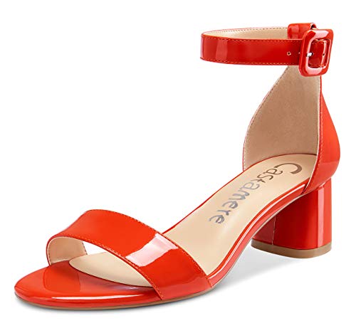 Castamere Damen Peep Toe Ankle Strap Sandalen Blockabsatz 5CM Orange Lackleder Schuhe EU 38 von Castamere