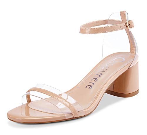 Castamere Damen Peep Toe Sandalen Transparent Ankle Strap Blockabsatz 5CM Mittel Heels Beige Nackt Lackleder Schuhe EU 38.5 von Castamere