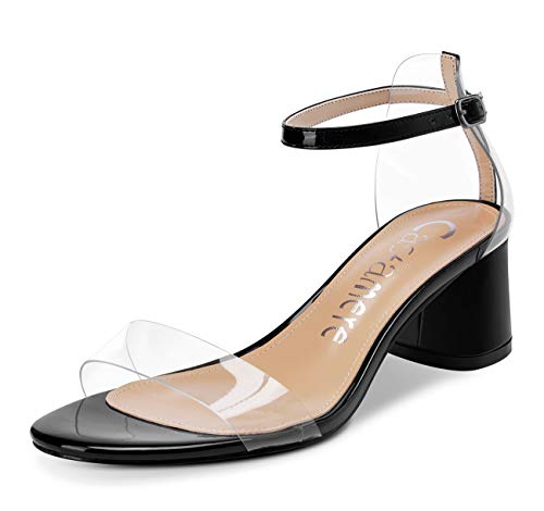 Castamere Damen Peep Toe Sandalen Transparent Ankle Strap Blockabsatz 5CM Mittel Heels Schwarz Lackleder Schuhe EU 39.5 von Castamere