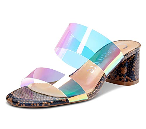Castamere Damen Peep Toe Slip-On Sandalen Klar Transparent Blockabsatz 5CM Mittel Heel Braun Schlange Schuhe EU 43.5 von Castamere
