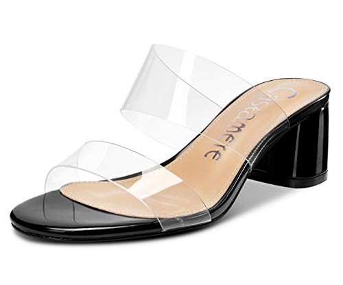 Castamere Damen Peep Toe Slip-On Sandalen Klar Transparent Blockabsatz 5CM Mittel Heel Schwarz Schuhe EU 37 von Castamere