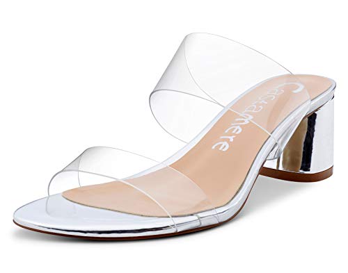 Castamere Damen Peep Toe Slip-On Sandalen Klar Transparent Blockabsatz 5CM Mittel Heel Silber Schuhe EU 40.5 von Castamere