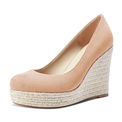 Castamere Damen Plateau Plattform Hoher High Absatz Heel Runde Zehenkappe Pumps Slip-on Hochzeit Büroschuhe Klassisch Schuhe 10 cm Heels Beige Wildleder 39 EU von Castamere