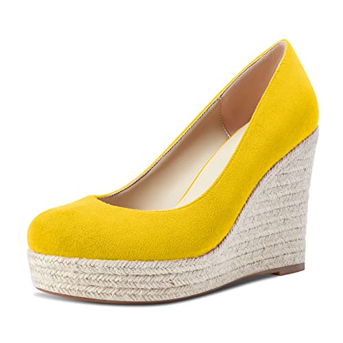 Castamere Damen Plateau Plattform Hoher High Absatz Heel Runde Zehenkappe Pumps Slip-on Hochzeit Büroschuhe Klassisch Schuhe 10 cm Heels Gelb Wildleder 38 EU von Castamere