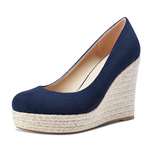 Castamere Damen Plateau Plattform Hoher High Absatz Heel Runde Zehenkappe Pumps Slip-on Hochzeit Büroschuhe Klassisch Schuhe 10 cm Heels Navy Blau Wildleder 41 EU von Castamere