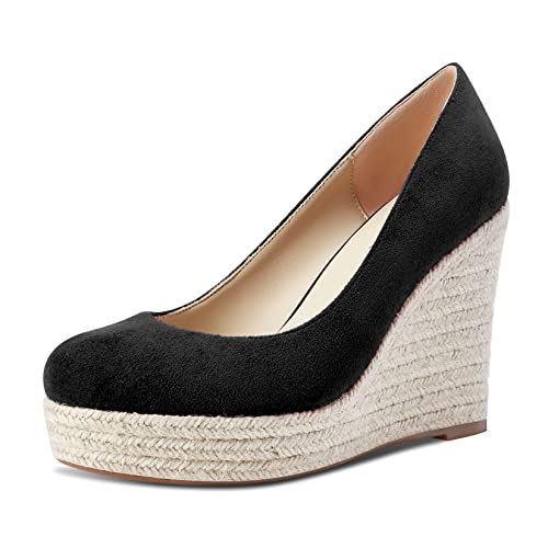 Castamere Damen Plateau Plattform Hoher High Absatz Heel Runde Zehenkappe Pumps Slip-on Hochzeit Büroschuhe Klassisch Schuhe 10 cm Heels Schwarz Wildleder 40 EU von Castamere