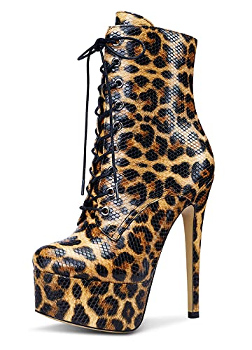 Castamere Damen Plattform Mode-Stiefel Reißverschluss Knöchelhoch Boots Stilettos 15CM High Heels Braun Leopard Schuhe EU 40 von Castamere