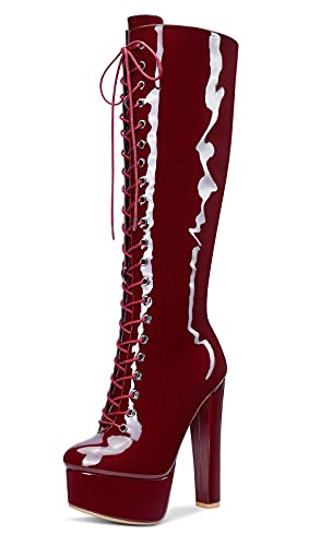 Castamere Damen Plattform Stiefel Reißverschluss Mid Calf Boots Blockabsatz 15CM High Heels Rot Burgund Lackleder Schuhe EU 39 von Castamere