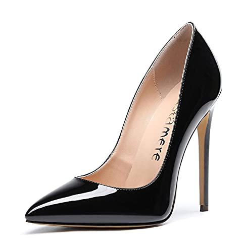 Castamere Damen Pumps High Heels Klassische Stilettos Spitzen Pfennigabsatz Pumps Slip On Elegant Hochzeit Party Schuhe 12CM Stiletto Heels Lackleder Schwarz Pump EU45 von Castamere