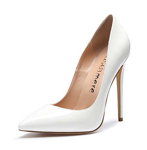 Castamere Damen Pumps High Heels Klassische Stilettos Spitzen Pfennigabsatz Pumps Slip On Elegant Hochzeit Party Schuhe 12CM Stiletto Heels Lackleder Weiß Pump EU 39.5 von Castamere