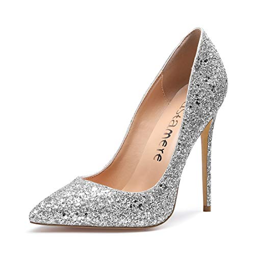 Castamere Damen Pumps High Heels Klassische Stilettos Spitzen Pfennigabsatz Pumps Slip On Elegant Hochzeit Party Schuhe 12CM Stiletto Heels Pailletten Silber Pump EU 36 von Castamere